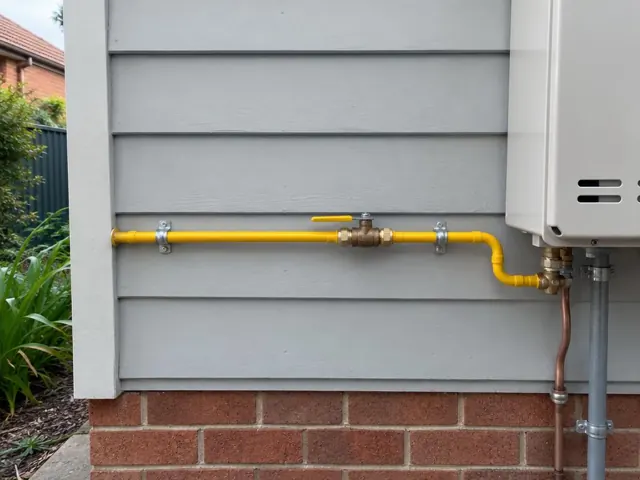 Yellow gas pipe and fittings on an exterior weatherboard wall beside a wall-mounted unit in Gladesville