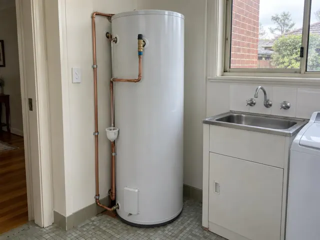 White hot water cylinder beside a laundry sink and window, with copper pipework in a tiled room in Ryde